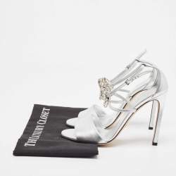 Pre Owned Gucci Silver Leather Crystal Embellished GG Logo Ankle Strap Sandals Size 37