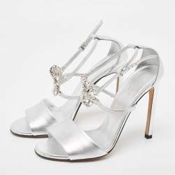 Pre Owned Gucci Silver Leather Crystal Embellished GG Logo Ankle Strap Sandals Size 37