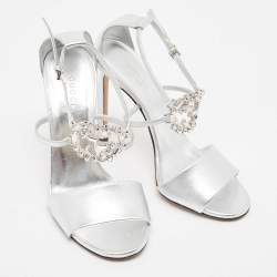 Pre Owned Gucci Silver Leather Crystal Embellished GG Logo Ankle Strap Sandals Size 37