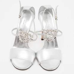 Pre Owned Gucci Silver Leather Crystal Embellished GG Logo Ankle Strap Sandals Size 37