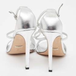 Pre Owned Gucci Silver Leather Crystal Embellished GG Logo Ankle Strap Sandals Size 37
