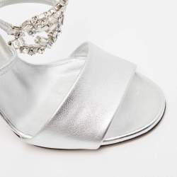 Pre Owned Gucci Silver Leather Crystal Embellished GG Logo Ankle Strap Sandals Size 37