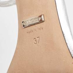 Pre Owned Gucci Silver Leather Crystal Embellished GG Logo Ankle Strap Sandals Size 37