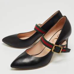 Pre Owned Gucci Black Leather Mary Jane Sylvie Pumps Size 37.5