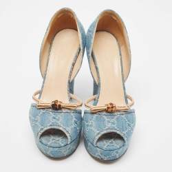 Gucci Blue GG Denim Bamboo Peep Toe D'orsay Wedge Sandals Size 38