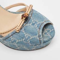 Gucci Blue GG Denim Bamboo Peep Toe D'orsay Wedge Sandals Size 38