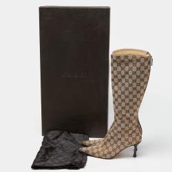 مملوكة مسبقًا Gucci Beige/Brown GG Canvas Zip Knee Length Boots Size 36.5 
