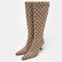 مملوكة مسبقًا Gucci Beige/Brown GG Canvas Zip Knee Length Boots Size 36.5 