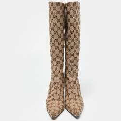مملوكة مسبقًا Gucci Beige/Brown GG Canvas Zip Knee Length Boots Size 36.5 