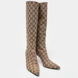 مملوكة مسبقًا Gucci Beige/Brown GG Canvas Zip Knee Length Boots Size 36.5 