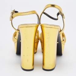 Gucci Gold Leather Allie Knotted Platform Ankle Strap Sandals Size 38
