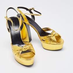 Gucci Gold Leather Allie Knotted Platform Ankle Strap Sandals Size 38