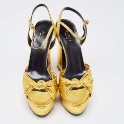 Gucci Gold Leather Allie Knotted Platform Ankle Strap Sandals Size 38