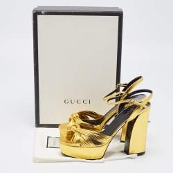 Gucci Gold Leather Allie Knotted Platform Ankle Strap Sandals Size 38