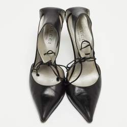 Pre Owned Gucci Black Leather Ankle Tie Pumps Size 37.5