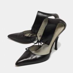 Pre Owned Gucci Black Leather Ankle Tie Pumps Size 37.5