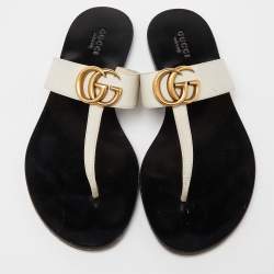 Gucci Off White Leather GG Marmont Thong Flats Size 37.5