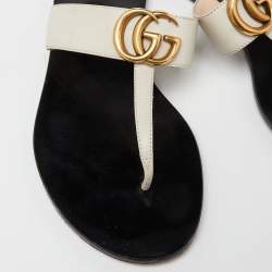 Gucci Off White Leather GG Marmont Thong Flats Size 37.5