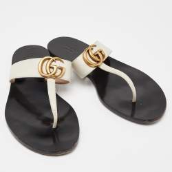 Gucci Off White Leather GG Marmont Thong Flats Size 37.5