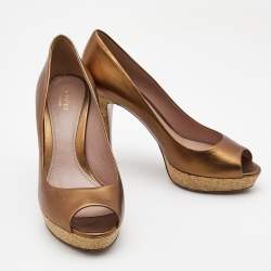 Gucci Metallic Bronze Leather Peep Toe Platform Pumps Size 39