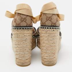 Pre Owned Gucci Brown/Beige GG Canvas Pilar Ankle Tie Espadrille Wedge Pumps Size 38