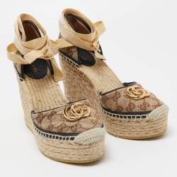 Pre Owned Gucci Brown/Beige GG Canvas Pilar Ankle Tie Espadrille Wedge Pumps Size 38