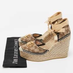 Pre Owned Gucci Brown/Beige GG Canvas Pilar Ankle Tie Espadrille Wedge Pumps Size 38