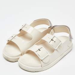 Gucci Off White Rubber Mini Double G Logo Dusty Ankle Strap Flat Sandals Size 38