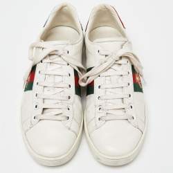 Gucci White Leather Web Detail Bee Embroidered Ace Low Top Sneakers Size 36.5