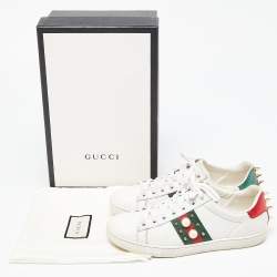 Pre Owned Gucci White Leather Faux Pearl and Spikes Embellished Ace Low Top Sneakers Size 36.5