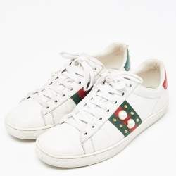 Pre Owned Gucci White Leather Faux Pearl and Spikes Embellished Ace Low Top Sneakers Size 36.5
