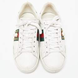 Pre Owned Gucci White Leather Faux Pearl and Spikes Embellished Ace Low Top Sneakers Size 36.5
