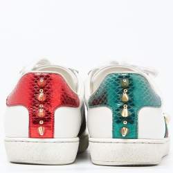 Pre Owned Gucci White Leather Faux Pearl and Spikes Embellished Ace Low Top Sneakers Size 36.5