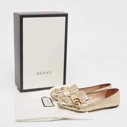 Gucci Gold Crinkled Leather GG Marmont Fringe Flats Size 37