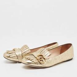 Gucci Gold Crinkled Leather GG Marmont Fringe Flats Size 37