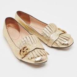 Gucci Gold Crinkled Leather GG Marmont Fringe Flats Size 37