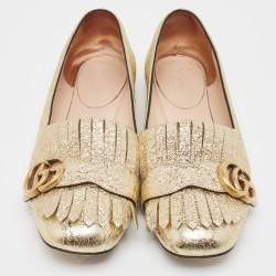 Gucci Gold Crinkled Leather GG Marmont Fringe Flats Size 37