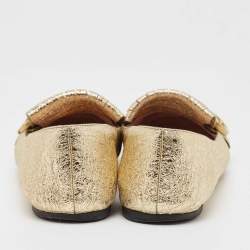 Gucci Gold Crinkled Leather GG Marmont Fringe Flats Size 37