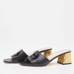 Gucci Black Leather Cut Out Interlocking G Slide Sandals Size 42