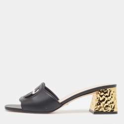 Gucci Black Leather Cut Out Interlocking G Slide Sandals Size 42