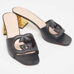 Gucci Black Leather Cut Out Interlocking G Slide Sandals Size 42