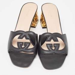 Gucci Black Leather Cut Out Interlocking G Slide Sandals Size 42