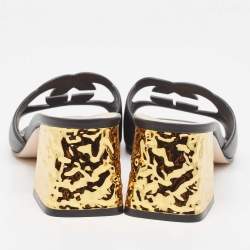 Gucci Black Leather Cut Out Interlocking G Slide Sandals Size 42