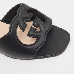 Gucci Black Leather Cut Out Interlocking G Slide Sandals Size 42