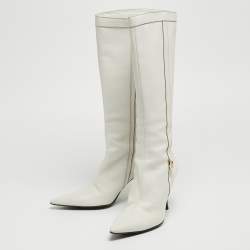 Pre Owned Gucci White Leather Pointed Toe Knee Length Boots Size 41