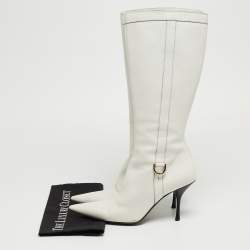 Pre Owned Gucci White Leather Pointed Toe Knee Length Boots Size 41