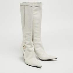 Pre Owned Gucci White Leather Pointed Toe Knee Length Boots Size 41