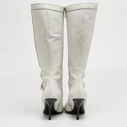 Pre Owned Gucci White Leather Pointed Toe Knee Length Boots Size 41