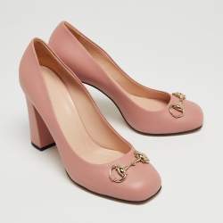 Gucci Pink Leather Horsebit Block Heel Pumps Size 38.5
