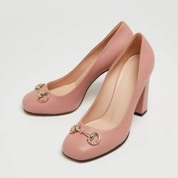 Gucci Pink Leather Horsebit Block Heel Pumps Size 38.5